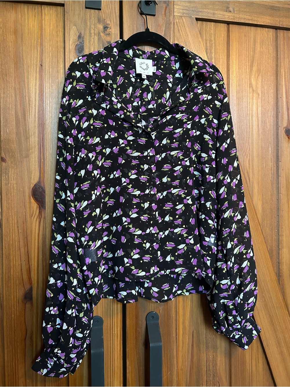 NWOT Lili Sidonio Black Floral Button-Front Blouse with Purple and gold Motif